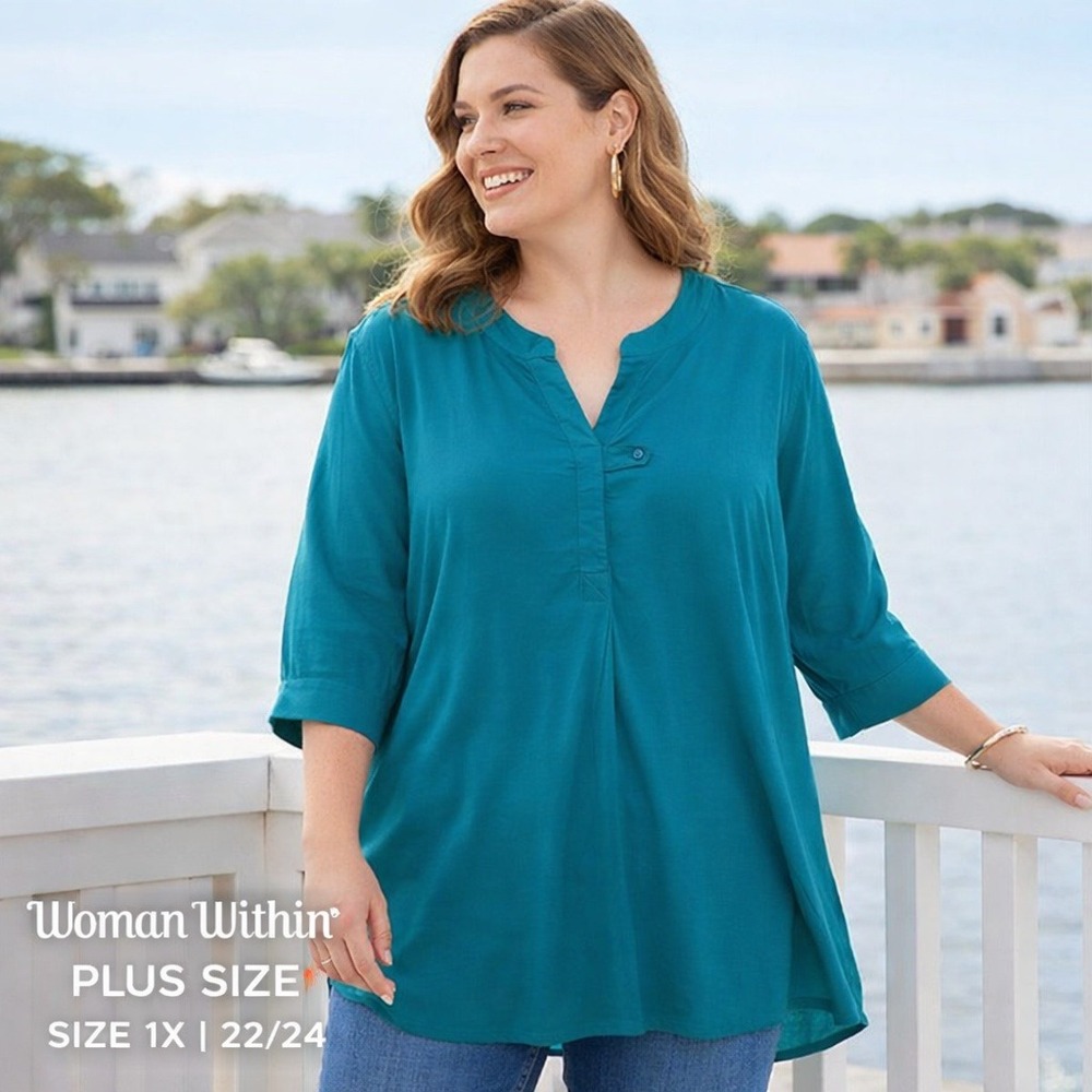 Woman Within Teal Rayon Tunic Top‎ Plus Size 1X 22/24 Flowy 3/4 Sleeve Casual
